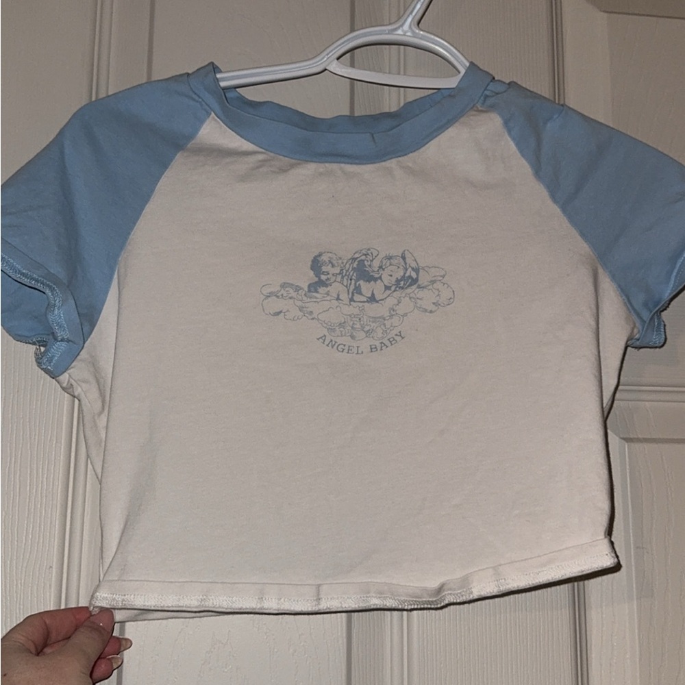 SHEIN White & Light Blue Raglan Angel Graphic Tee
